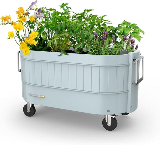 Permasteel Self-Watering Garden Bed, Rolling Planter for Vegetables, Flowers, Herbs, and Fruit, Outdoor Indoor, Caster Wheels, Blue