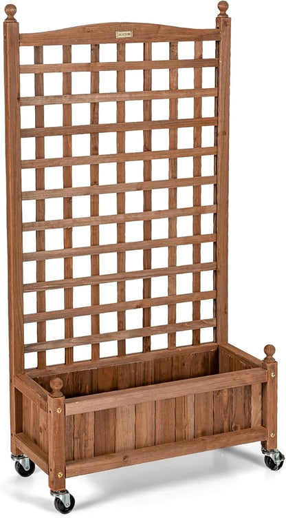 Giantex Mobile Plant Raised Bed, Wood Planter with Lattice Trellis and Wheels, Flower Box for Plant Climbing, Vertical Garden for Balcony Patio Yard, 25"x11"x 50"
