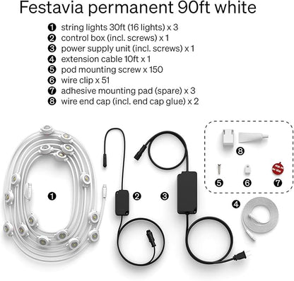 Philips Hue Festavia 90ft Permanent Outdoor String Lights, 48 Dimmable Lights, 55 Lumens Each, Weatherproof, Water-Resistant, White Wire, Color Ambience, Bridge Required