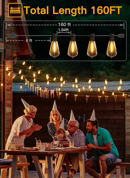 Ollny Outdoor String Lights 160FT, Shatterproof Connectable Patio Lights with 80+4 Spare ST38 Vintage Bulbs, 2200K Warm White Waterproof Outside Hanging Light for Yard Camping Gazebo Porch Balcony