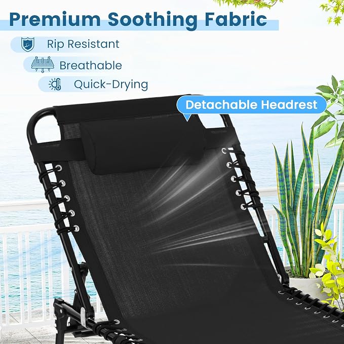 Goplus Chaise Lounge Chair, Folding 5-Postion Beach Lounge Chair with Detachable Pillow, Sunbathing Lounger, Adjustable Tanning Chair for Patio Lawn Pool Yard Outdoor