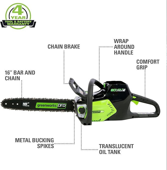 Greenworks 80V 16" Brushless Cordless Chainsaw (Great For Tree Felling, Limbing, Pruning, and Firewood / 75+ Compatible Tools), 2.0Ah Battery and Charger Included
