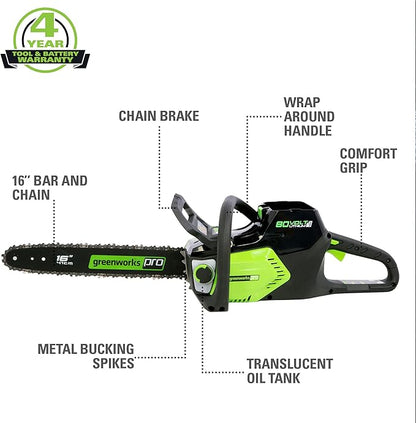 Greenworks 80V 16" Brushless Cordless Chainsaw (Great For Tree Felling, Limbing, Pruning, and Firewood / 75+ Compatible Tools), 2.0Ah Battery and Charger Included