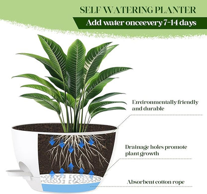 10 Inch Hanging Planters with Chains 2 Pack Self Watering White Plastic Hanging Pots for Indoor Outdoor Plants, Garden Porch Home Decor (White)