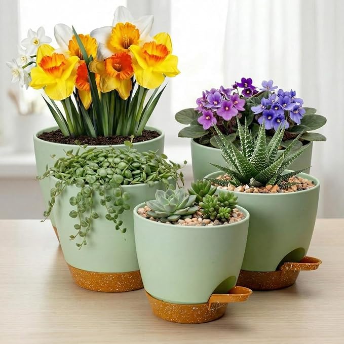 Remerry 15 Pcs 7/6.5/6/ 5.5/5 Inch Self Watering Planters with Drainage Hole Plant Pots Plastic Flower Pots Self Watering Pot and Saucer Reservoir for Garden Plant Flower(Green)