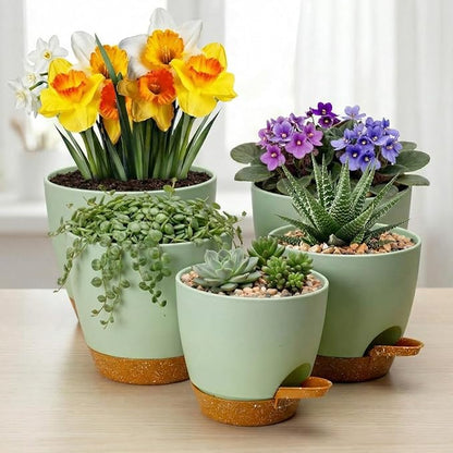 Remerry 15 Pcs 7/6.5/6/ 5.5/5 Inch Self Watering Planters with Drainage Hole Plant Pots Plastic Flower Pots Self Watering Pot and Saucer Reservoir for Garden Plant Flower(Green)