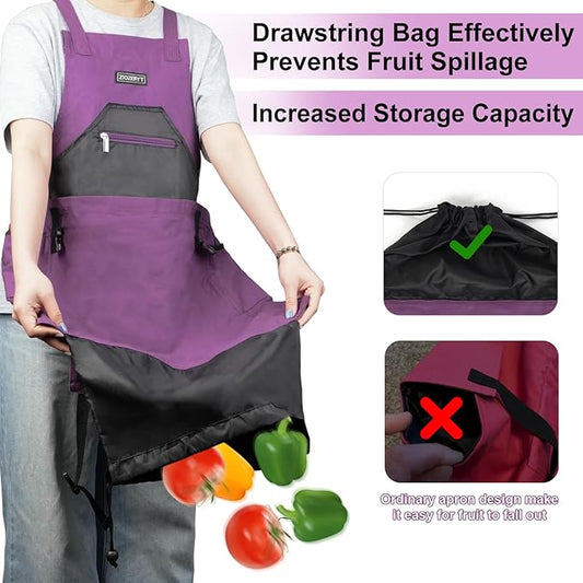 Garden Apron,Harvest Aprons with Drawstring Bag and Pockets for Women and Men,Canvas Fruit Picking Apron