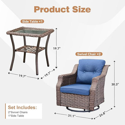 Patio Wicker Chairs Swivel Rocker-Outdoor Swivel Rocker Chair Set of 2 with All Weather Wicker Glider Rocker Set, PE Rattan Swivel Rocking Chair with Side Table for Yard Balcony Deck Porch Brown/Blue