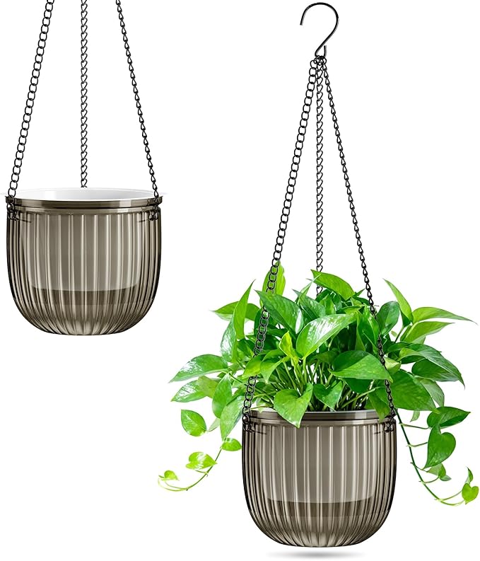 Halatool 2 Pack Self Watering Hanging Planters for Indoor Plants- 6.5 Inch Outdoor Hanging Flower Pots with 2 Metal Chains for Garden Home Wall Decor (Starry Gray)