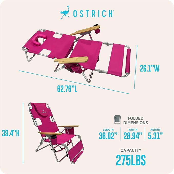 Ostrich the Woody Backpack 3N1 Portable Chair with Cooler Bag and Reclining Lounger for Tanning, Camping, Beach, and Outdoor Essential, Pink