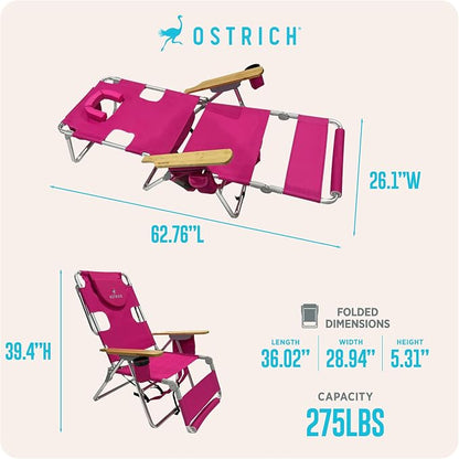 Ostrich the Woody Backpack 3N1 Portable Chair with Cooler Bag and Reclining Lounger for Tanning, Camping, Beach, and Outdoor Essential, Pink
