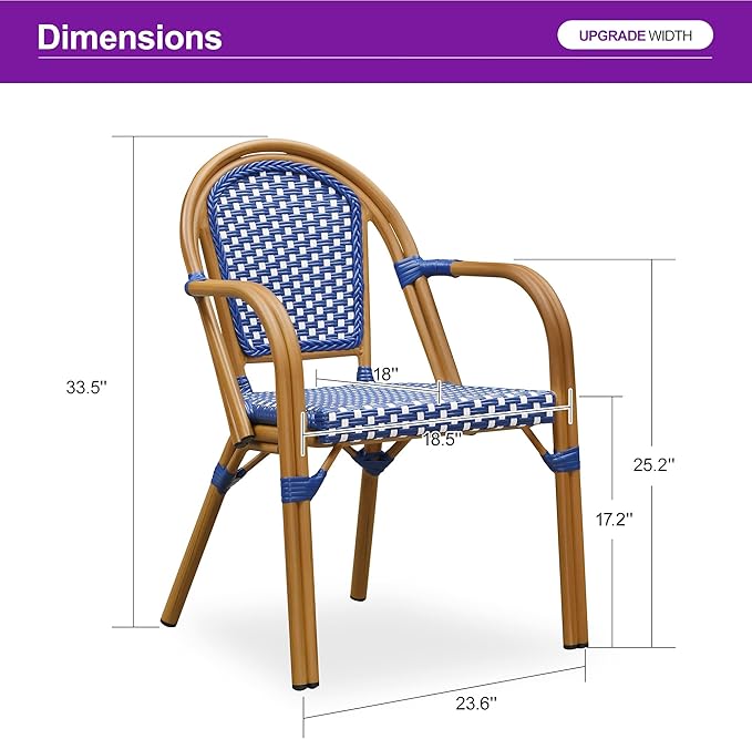 PURPLE LEAF French Bistro Chairs Set of 2 Aluminum Wicker Rattan Hand-Woven Armchairs Outdoor Dining Chairs for Patio Kitchen Garden Bamboo Print Finish Deep Blue
