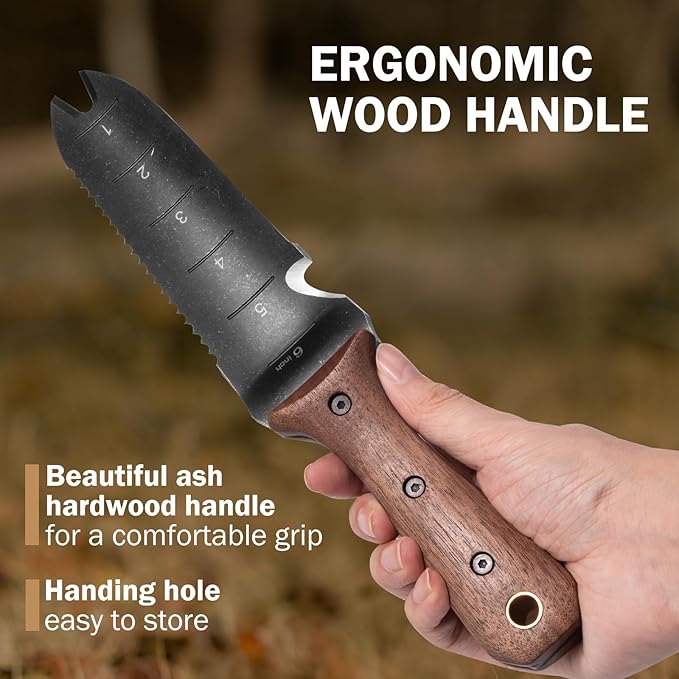 Hori Hori Garden Knife, Garden Tools with Sheath for Weeding,Planting,Digging, 7" Stainless Steel Blade with Cutting Edge, Full-Tang Wood Handle with Hanging Hole