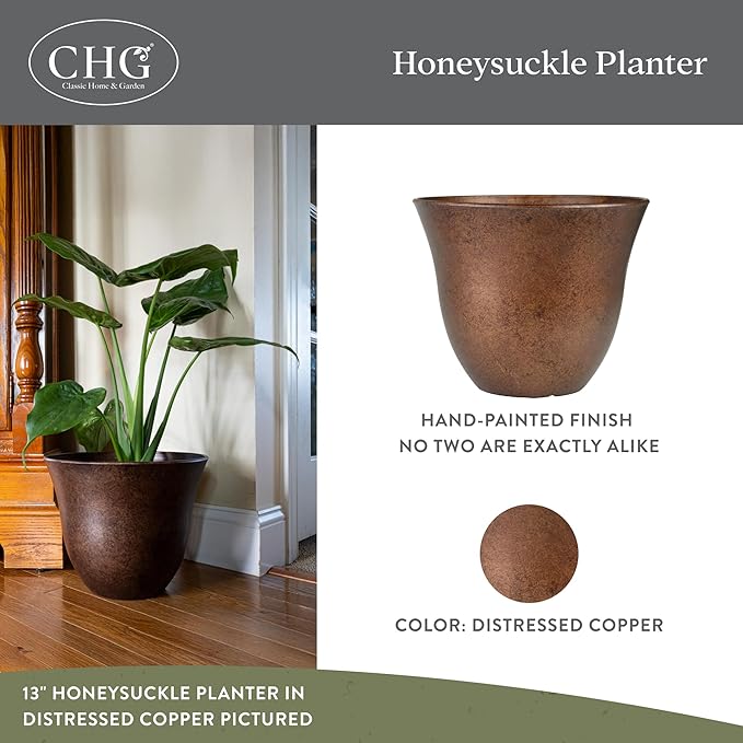 Classic Home and Garden Honeysuckle Resin Planters - Lightweight Indoor & Outdoor Plant Pots - UV-Resistant Plastic Flower Pots - Pot Planters for Flowers & Herbs (15" Distressed Copper)