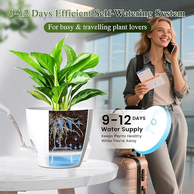 Self Watering Pots with Drainage Holes, 2 Pack 10 Inch Plant Pots with Water Level Indicator Deep Reservoir, Large Plastic Planter for Indoor Outdoor Plants - White