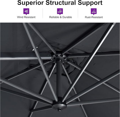PURPLE LEAF 10 Feet Patio Umbrella with Base and Cover Round Outdoor Cantilever Umbrella Aluminum Offset Umbrella with 360-degree Rotation for Garden Deck Pool Patio Grey
