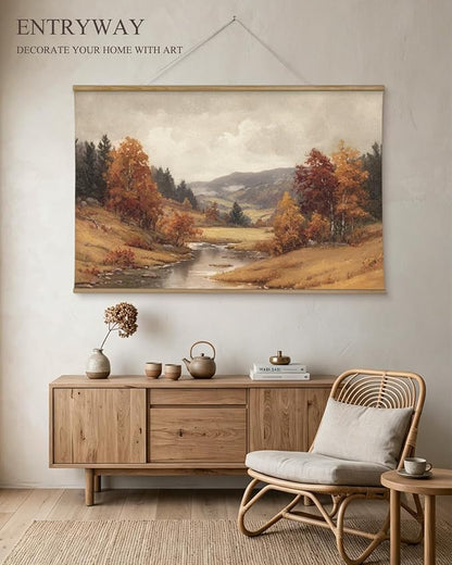 ARPEOTCY Extra Large Vintage Framed Wall Art, 36x54 Inch Autumn Landscape Wall Art, Nature Forest Landscape Wall Decor Oil Painting, Vintage Fall Farmhouse Wall Decor for Living Room Fireplace Bedroom
