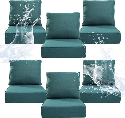 6" Thicker Outdoor Chair Cushion 6 Sets - 24" *24" *6" Waterproof Patio Furniture Cushions with Removable Cover, 28D High Density Sponge Filling Thicken Outdoor Patio Cushions - Peacock Blue