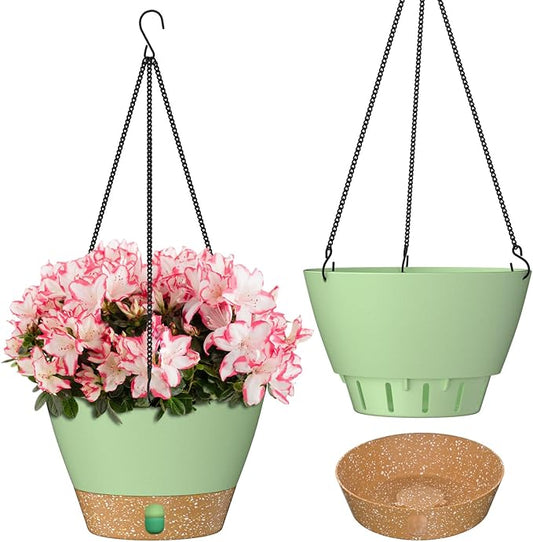 ZMTECH 2 Pack 8 Inch Hanging Planters for Indoor Plants, Modern Green Hanging Planter with Clear Water Window & Removable Tray, Decorative Plant Hanger Indoor for Home & Patio