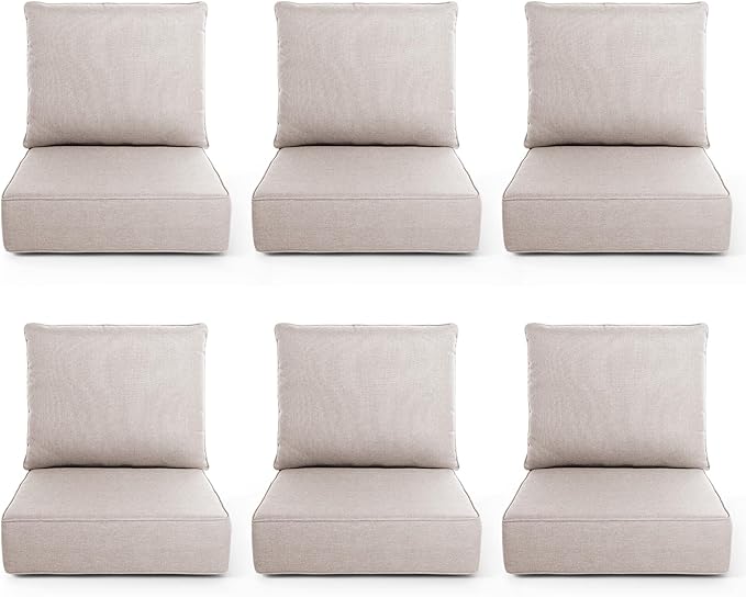 Outdoor Chair Cushions, 6 Inch Thick Patio Seat & Back Cushions Set with Removable Cover, Waterproof Patio Cushions for Outdoor Furniture, 22 x 24 Inch, Beige 6-Set