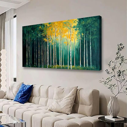 40x20 Inch Birch Tree Canvas Wall Art, Large Panoramic Autumn Forest Painting, Textured Green & Yellow Landscape Wall Decor, Framed Modern Nature Artwork for Living Room Bedroom Office Home Decoration