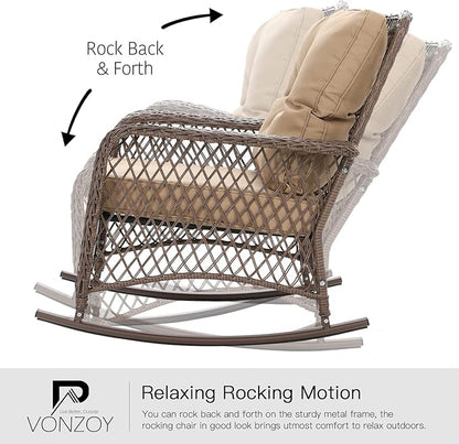 Patio Furniture Set 3 Pieces, Wicker Rocking Bistro Set with Thick Cushions, Outdoor Rocker Chairs and Coffee Table for Porch, Backyard or Garden (Khaki)