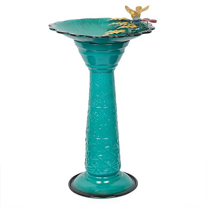 Alpine Corporation ORS112GN Vintage Metal Pedestal Birdbath with Stand, Shallow Bird Bath Bowl for Outside, 28" H, Green
