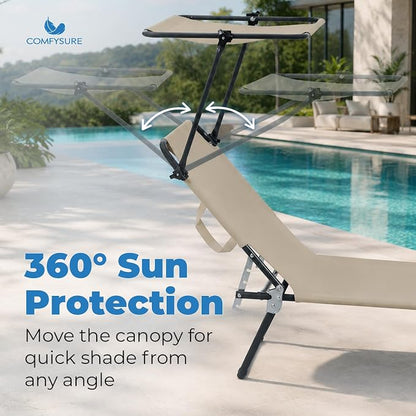 Folding Outdoor Lounge Chair with Canopy - Portable & Adjustable Beach Lounge Chair - 5-Positions, Carry Handles, 600D Fabric, 220 lbs Capacity – Tanning Chaise Lounge for Beach, Patio (1, Beige)