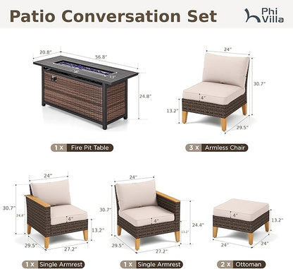 PHI VILLA 8-Piece Outdoor Patio Conversation Set with 56" Fire Pit Table, Outdoor Rattan Furniture Patio Set for 7 Seats with Cushioned 3 x Armrest Chair, 2 x Ottoman and 2 x Armless Sofa, Beige