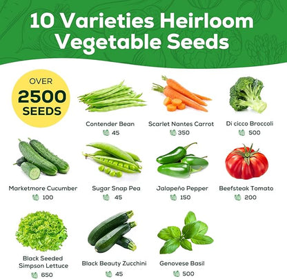 10 Vegetable Seeds Pack - Heirloom - Basil, Snap Pea, Broccoli, Bean, Jalapeño Pepper, Tomato, Lettuce, Cucumber, Carrot, Zucchini Seeds for Planting Home Garden