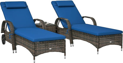 Outsunny Wicker Outdoor Chaise Lounge Chair Set of 3 with Side Table, 5-Level Adjustable Backrest PE Rattan Pool Lounge Chair with Wheels, Cushion & Headrest, Brown and Gray