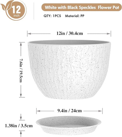 WSMKSZ 12 Inch Wide Water Ripples Flower Pots for Indoor or Outdoor Plants, Large Plant Pots with Drainage Holes & Saucer, Plastic Planters Set for Garden & Home Decor (White with Black Speckles)