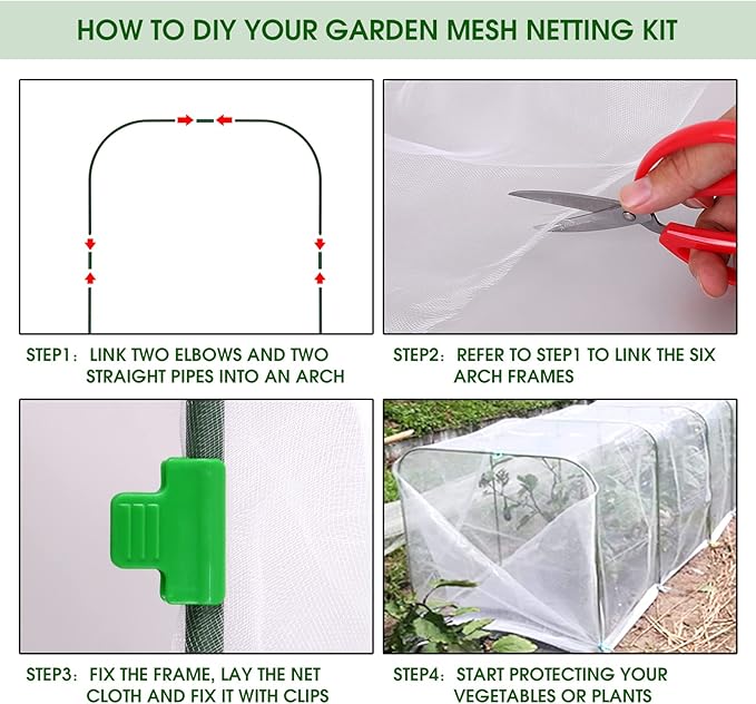 Garden Netting Kit for Raised Beds, 8x24Ft Ultra Fine Mesh Netting with 6 Sets Garden Hoops, Plant Row Cover Insect Netting Birds Pest Barrier Net for Vegetable Fruit Flowers
