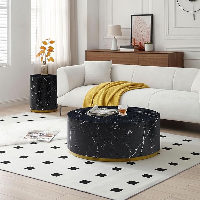 kevinplus BlackRound Coffee Table Side End Table Set of 2 for Living Room, Modern Contemporary Circle Drum Style, Gold Rim Bottom & Faux Marble Grain, No Assembly (Black, 2-Pcs)