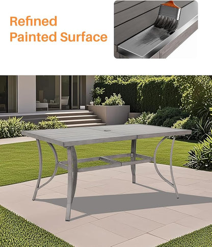 Aluminum Patio Dining Table for 6, Limed Oak Outdoor Rectangle Dining Table with Umbrella Hole, Rustproof 6 Person Outdoor Dining Tables for Backyard, Deck, Garden, Poolside, Porch