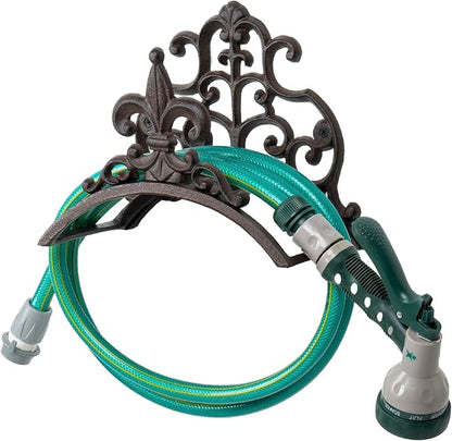 MyGift Dark Coffee Cast Iron Wall Mounted Garden Water Hose Holder, Decorative Vintage Fleur De Lis Floral Scrollwork Waterhose Reel Hanger Storage Rack
