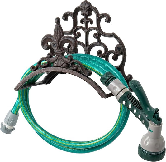 MyGift Dark Coffee Cast Iron Wall Mounted Garden Water Hose Holder, Decorative Vintage Fleur De Lis Floral Scrollwork Waterhose Reel Hanger Storage Rack