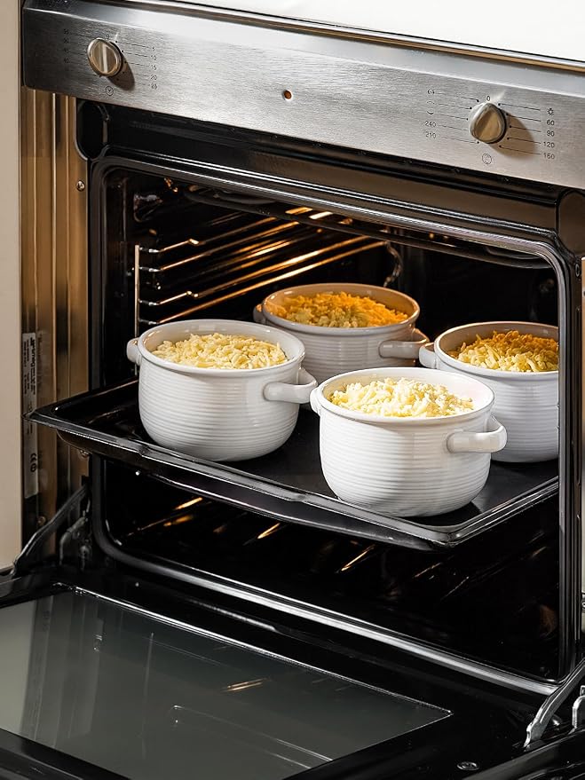 LE TAUCI French Onion Soup Bowls with Handles, 28 oz Large Oven Safe Ceramic Soup Crocks for Chilli, Beef Stew & Pot Pies, Stackable, Dishwasher Safe, Set of 4, White