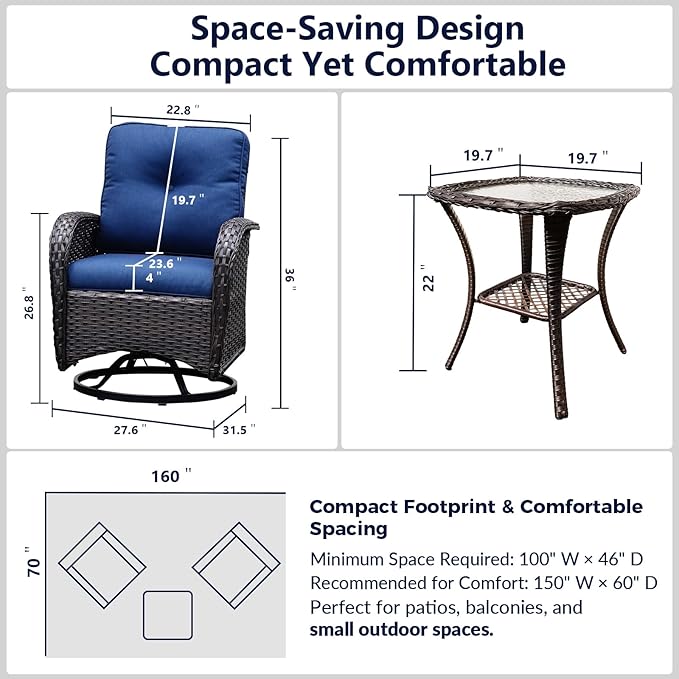 3-Piece PE Wicker Swivel Rocking Patio Chair Set with Cushions & Ripple Glass Table, Luxury All-Weather Outdoor Bistro Set for Modern Deck Balcony Furniture Set
