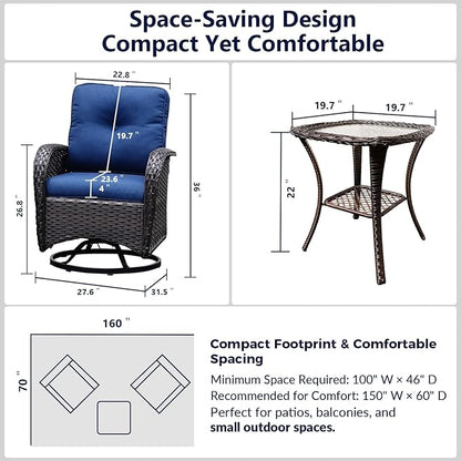 3-Piece PE Wicker Swivel Rocking Patio Chair Set with Cushions & Ripple Glass Table, Luxury All-Weather Outdoor Bistro Set for Modern Deck Balcony Furniture Set