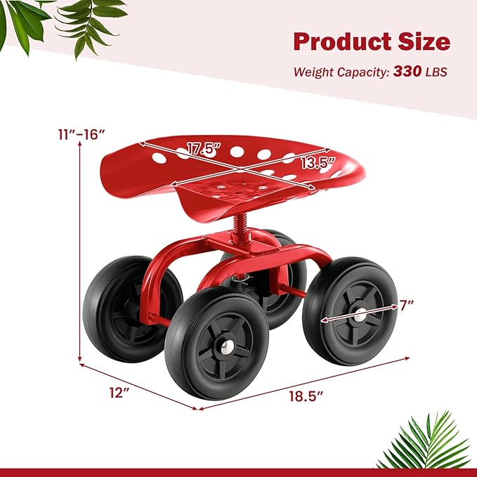 Giantex Garden Cart, Rolling Workseat with 4 Wheels, Garden Stool 360° Swivel Work Seat & Adjustable Height, Heavy Duty Wagon Scooter for Gardening for Patio Garden, Lawn, Yard (Red)