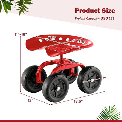 Giantex Garden Cart, Rolling Workseat with 4 Wheels, Garden Stool 360° Swivel Work Seat & Adjustable Height, Heavy Duty Wagon Scooter for Gardening for Patio Garden, Lawn, Yard (Red)