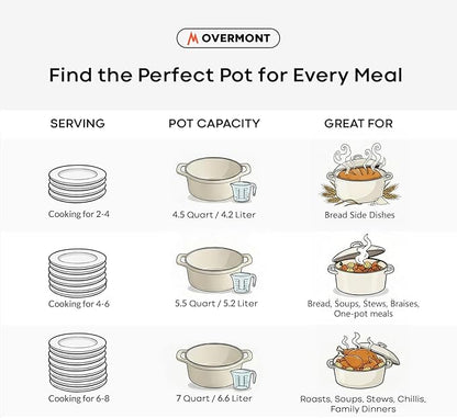 Overmont Enameled Cast Iron Dutch Oven - 5.5QT Pot with Lid Cookbook & Cotton Potholders - Heavy-Duty Cookware for Braising, Stews, Roasting, Sourdough Baking Cream White