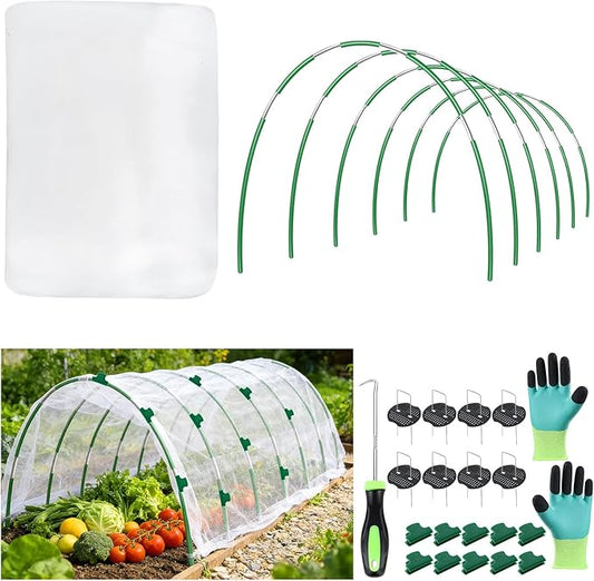 Garden Netting Kit for Raised Beds, Fiberglass Garden Hoops with 10x33FT Ultra Fine Mesh Netting and 24 Clips, Insect Netting for Garden Row Cover Vegetable Flowers Protection Barrier Plant Covers Net