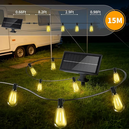 Outdoor Solar String Lights Waterproof: ST38 50ft Shatterproof Patio Lights - Solar Powered & USB Dual Charging - 3 Modes Button Control - Garden Backyard Gazebo Porch Party Decor