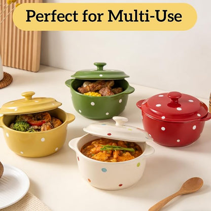 AVLA 4 Pack Porcelain Ramekins, 9 OZ Mini Casserole Bowl with Lid and Handle, Ceramic Souffle Soup Creme Brulee Bowls, Oven Safe, Mini Casserole Dish (Polka Dot, Assorted Color)