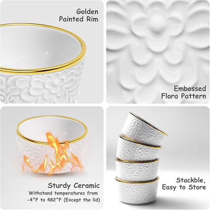 6 Sets Ramekins Oven Safe with Lids, 8 OZ Creme Brulee Ramekins Embossed Flora White Ceramic Ramekin Baking Dish for Souffle Custard Dips Soup Small Bowls for Dessert Appetizers Meal Prep Thanksgiving Christmas Gift