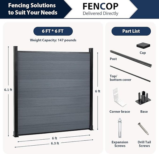 6ft x 6ft Outdoor Privacy Fence, Wind Resistant, Wood Plastic Composite Fence Panel with 1 Sturdy Alloy, Fencing for Yard, Backyard, Garden and Swimming Pool