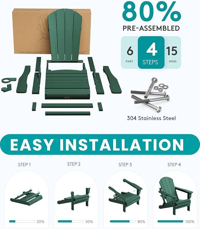 SERWALL Folding Adirondack Chair Set of 6, Painted Adirondack Chair with Cup Holder, Weather Resistant for Patio Deck Garden, Fire Pit & Lawn Furniture Porch - Green