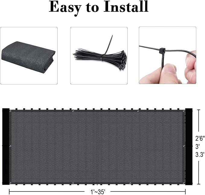 SUNLAX Custom Size 3.3'x12' Dark Grey Fence Covering Privacy Screen Windscreen with Bindings & Grommets,Heavy Duty for Commercial and Residential, 90% Blockage, Cable Zip Ties Included